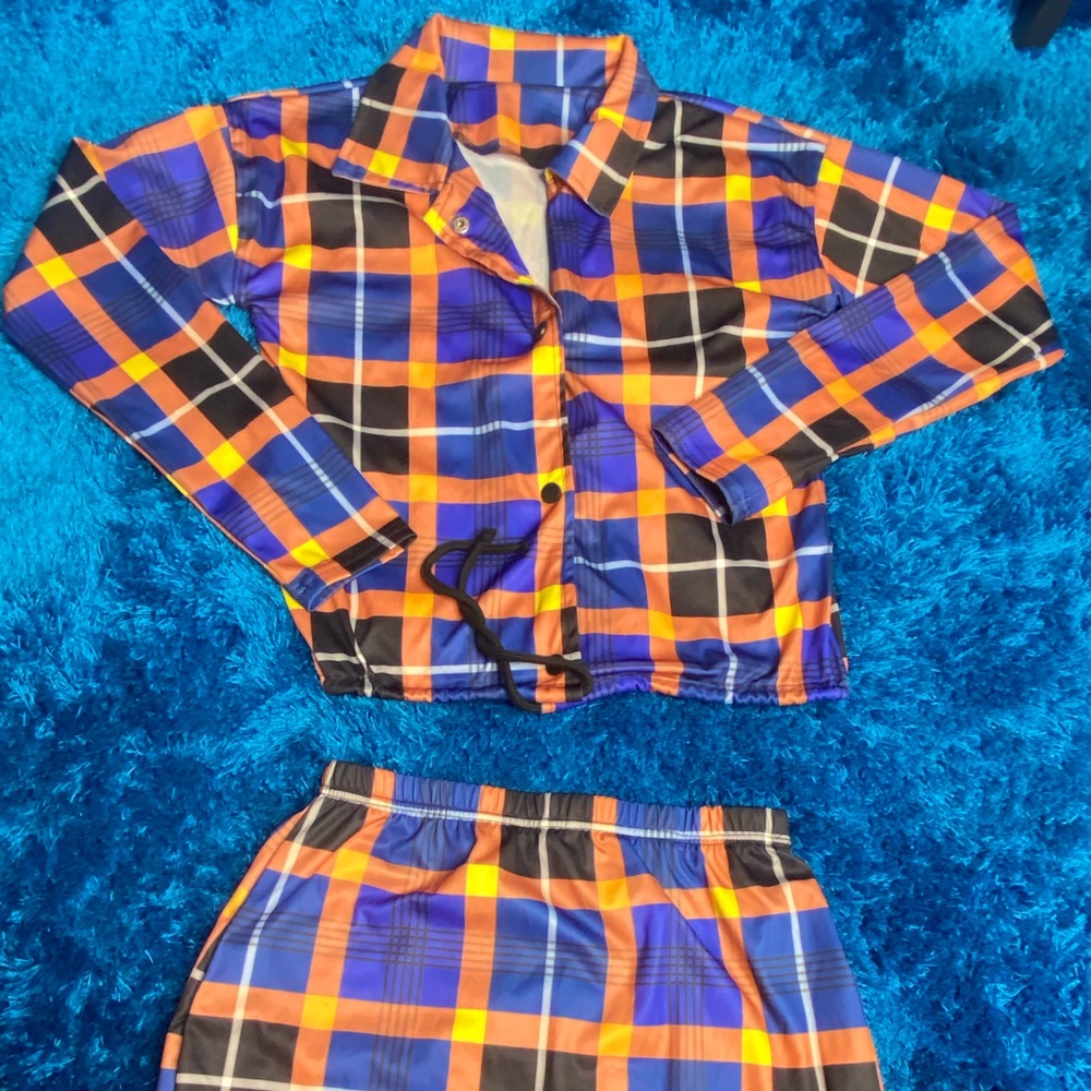 Orange and blue plaid skirt set